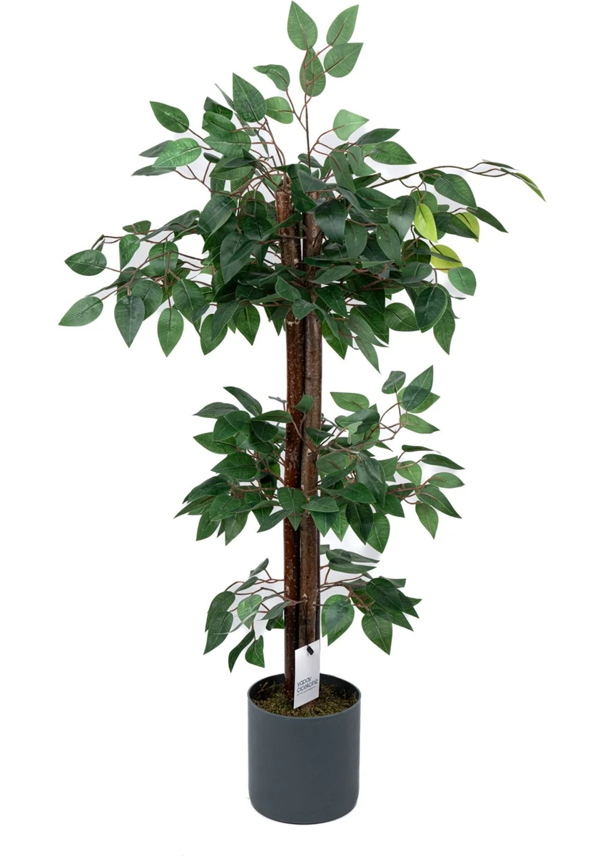 Çim Detaylı Gri Saksıda 3 Katlı Yapay Benjamin Ağacı